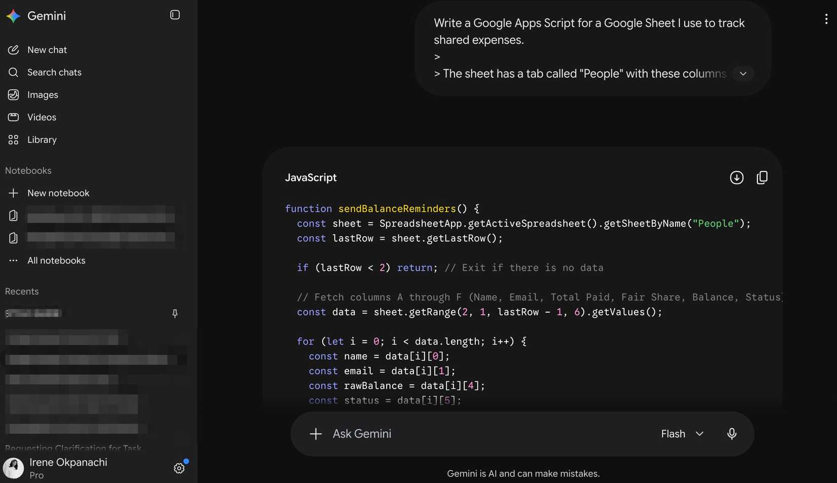 L’utente chiede a Gemini di generare codice JavaScript per inviare promemoria sul saldo da Google Sheets