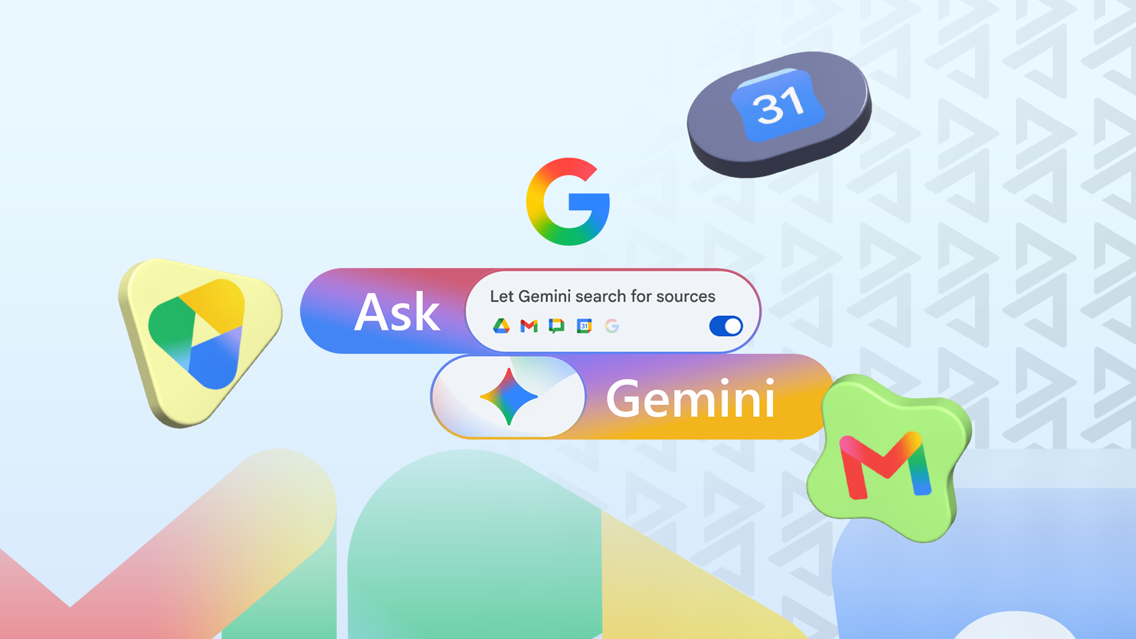 Gemini search toggle connected to Google Drive, Gmail, and Calendar icons
