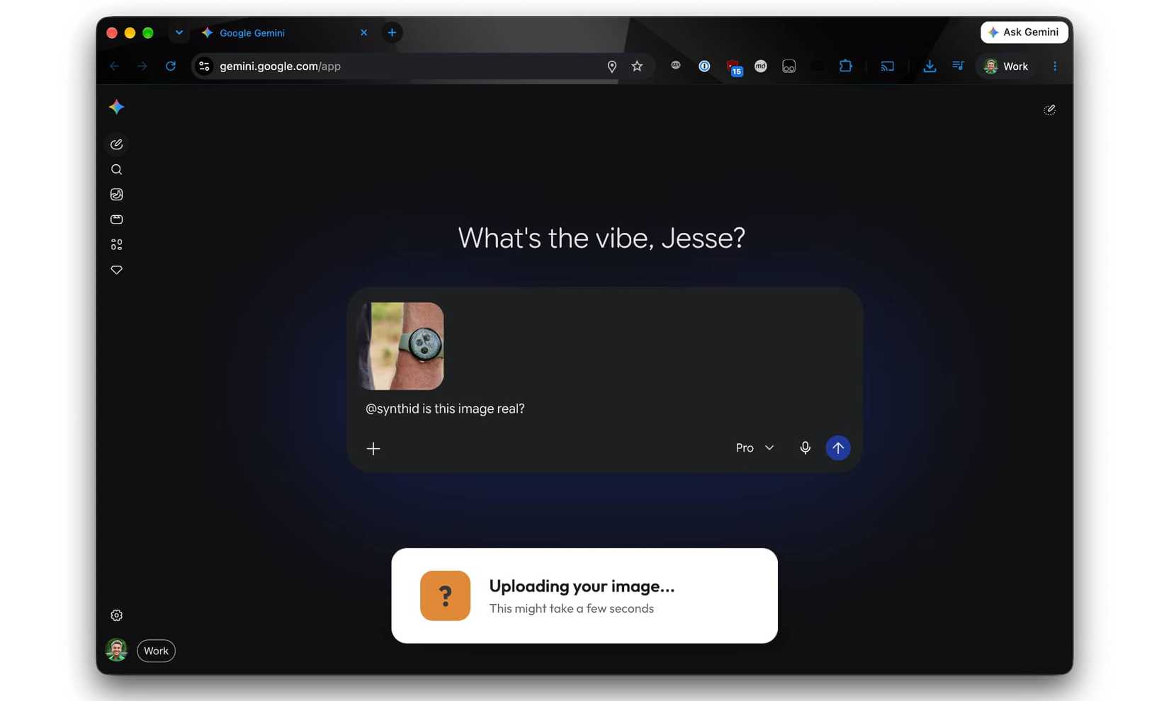 Google Chrome showing Gemini with the Is This Image Real? extension checking an image with SynthID.