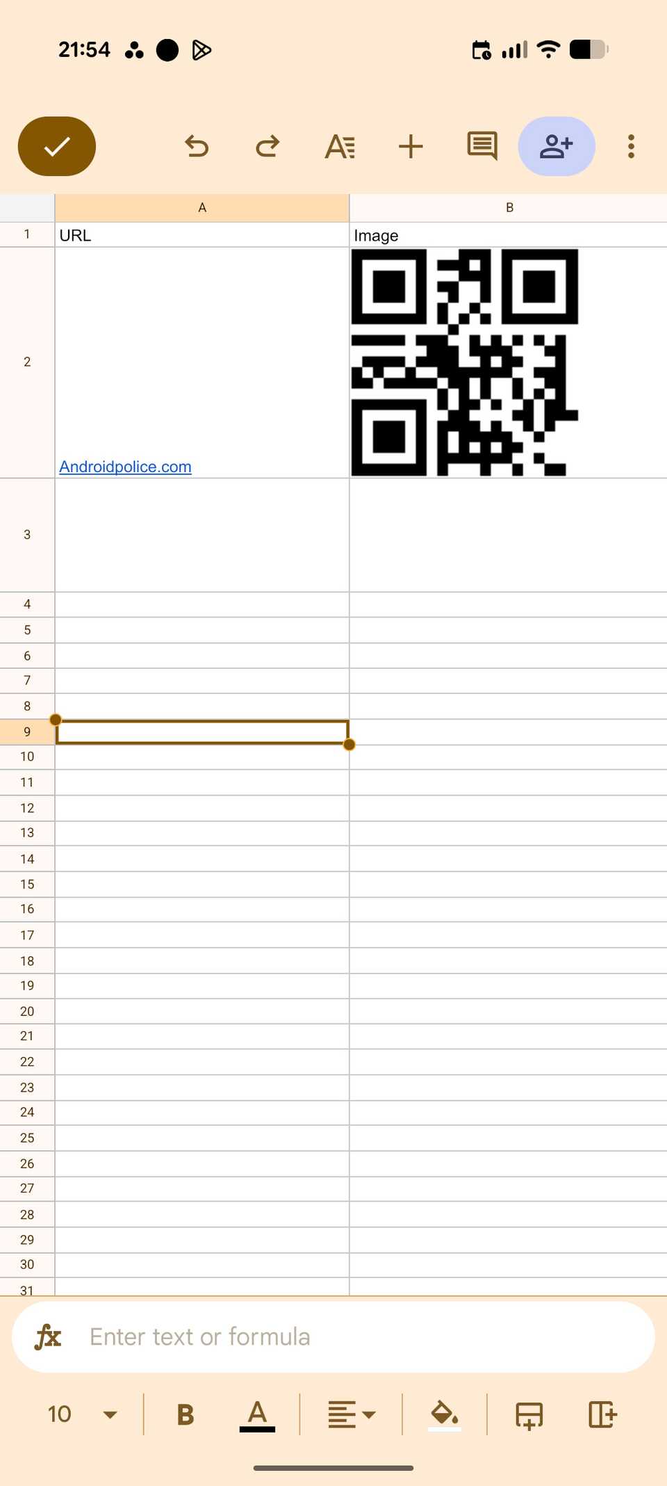 Screenshot of a Google Sheet cell with generated QR code