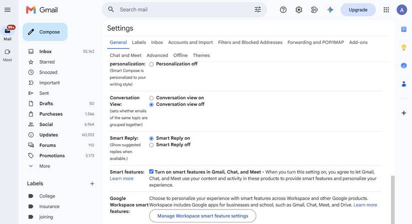 Screenshot showing the Conversation view option in Gmail