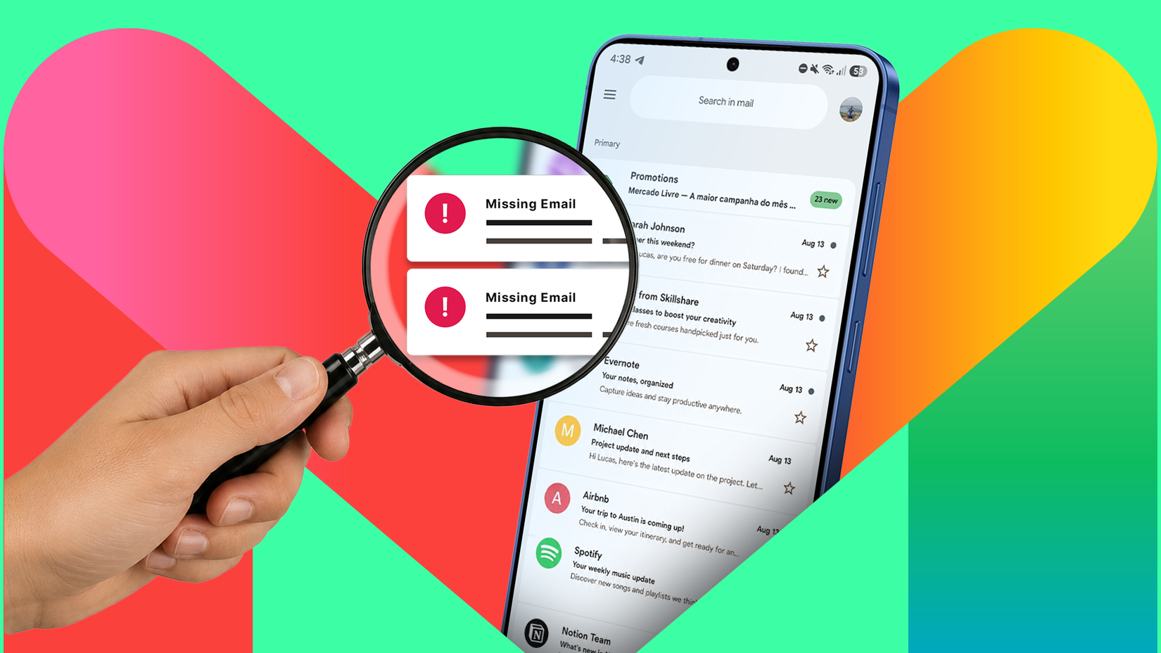 Posta in arrivo di Gmail con una lente d’ingrandimento che evidenzia le e-mail mancanti.