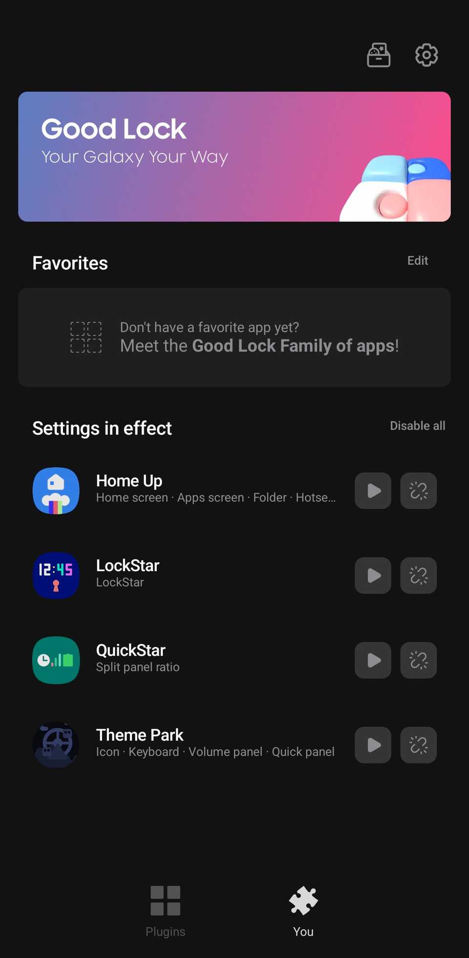 Samsung Good Lock app showing a list of installed modules, including Home Up, LockStar, QuickStar, and Theme Park.