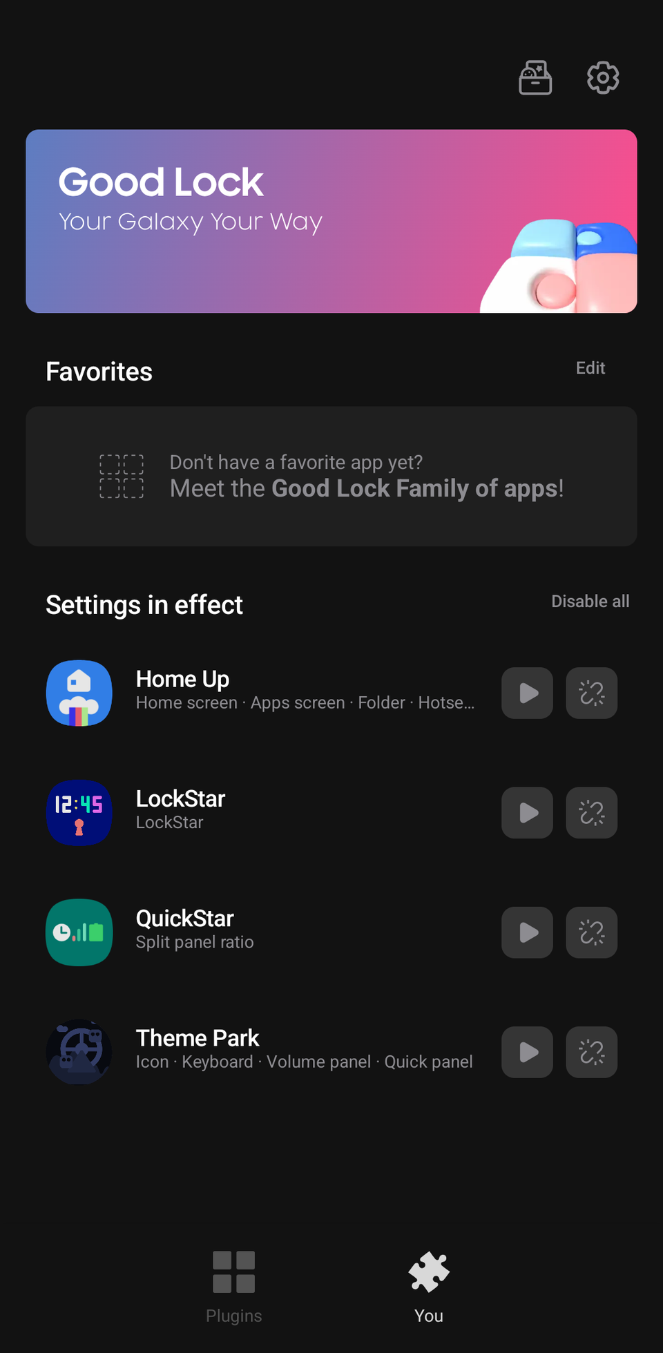 Samsung Good Lock app showing a list of installed modules, including Home Up, LockStar, QuickStar, and Theme Park.