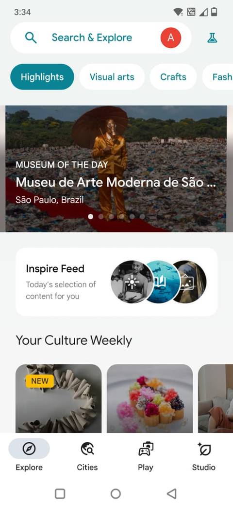 Screenshot che mostra il feed “Inspire” nell’app Google Arts and Culture