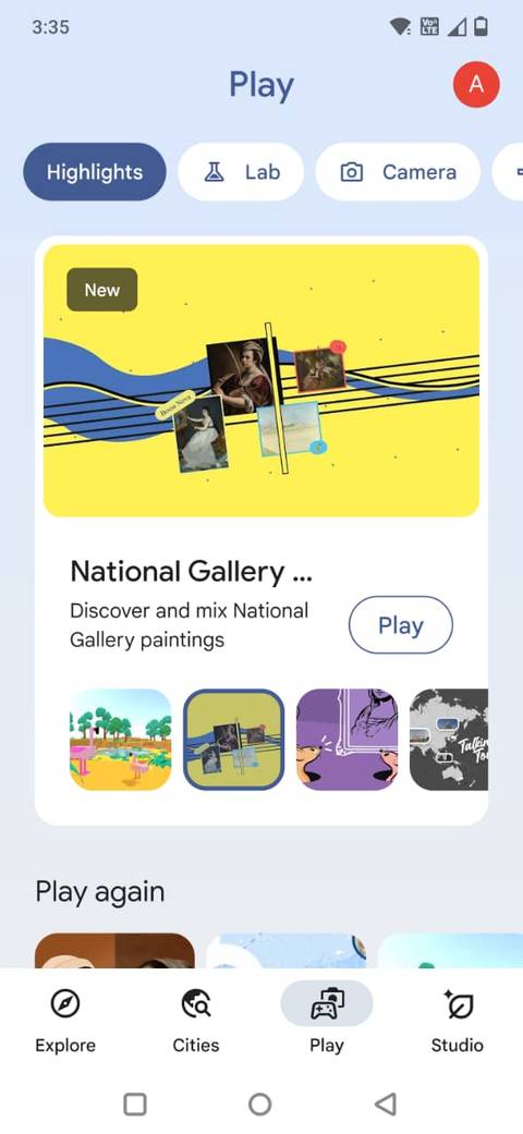 Screenshot showing the Play tab in the Google Arts and Culture app