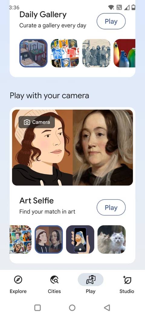 Screenshot showing the Art Selfie option in the Google Arts and Culture app