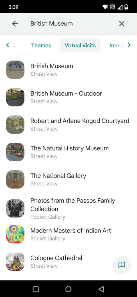 Screenshot showing the seacrh bar in the Google Arts and Culture app