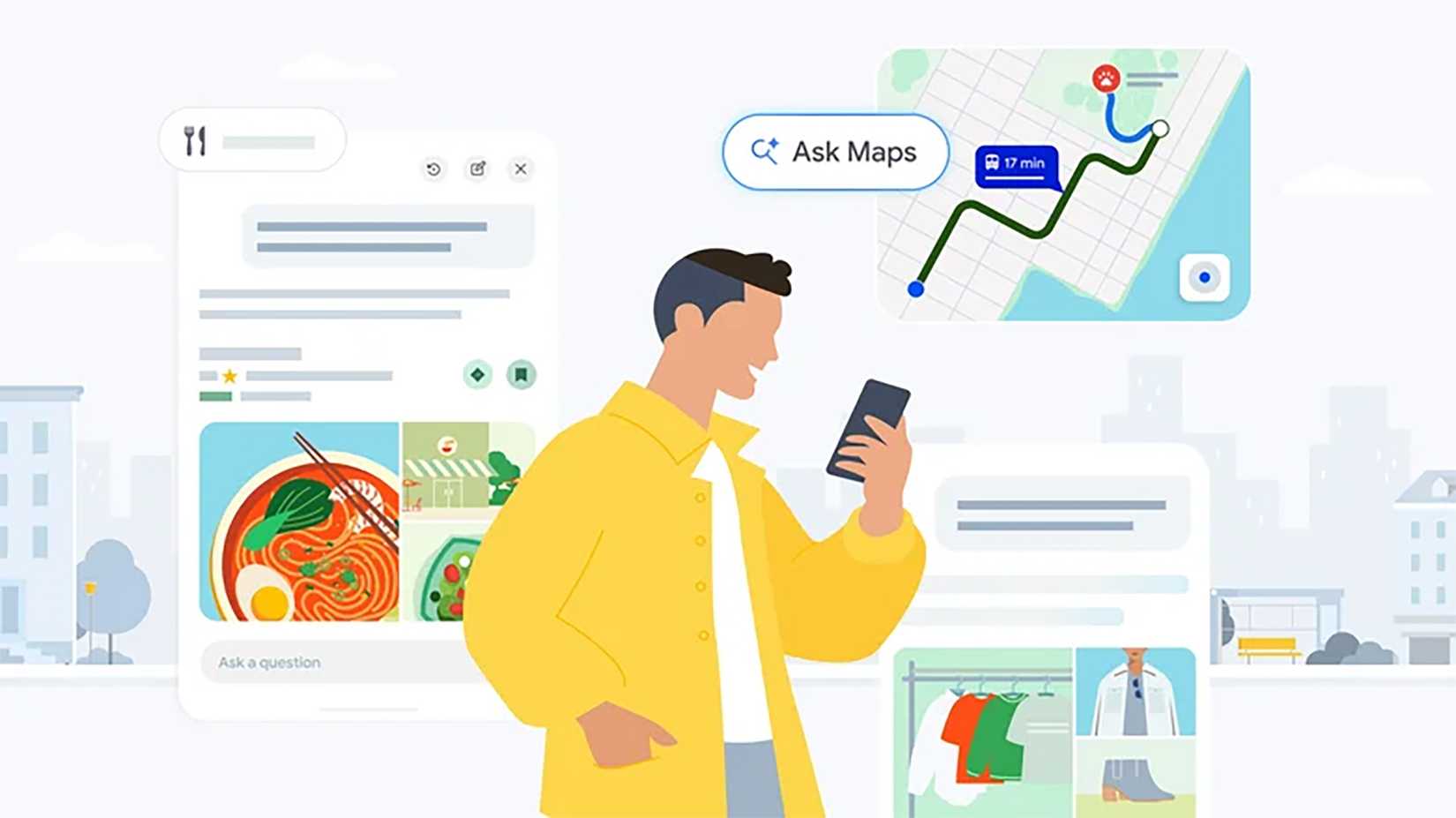 illustration of man looking at phone over Google Ask Maps