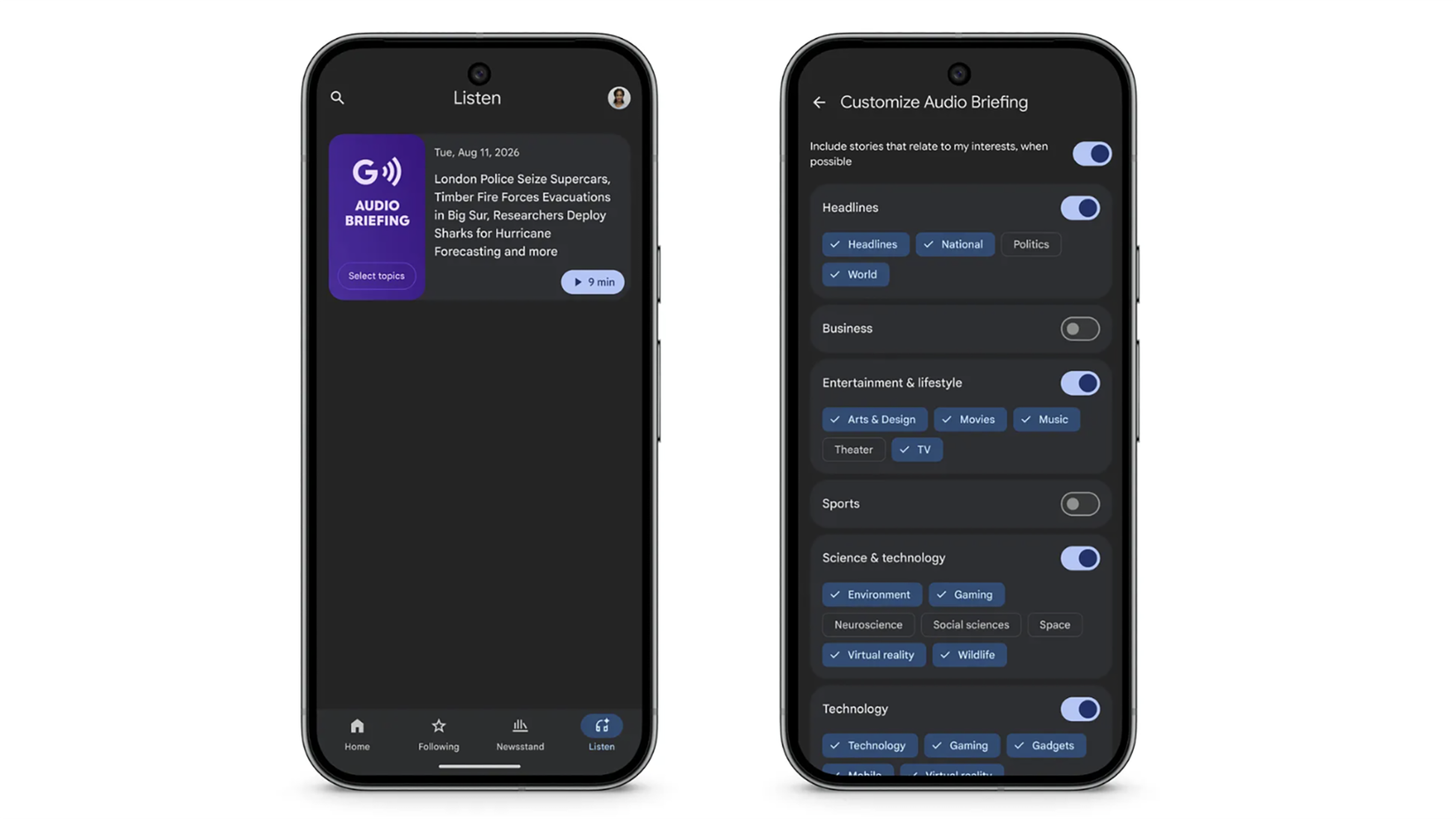 two screens to show how to customize Google Audio Briefing