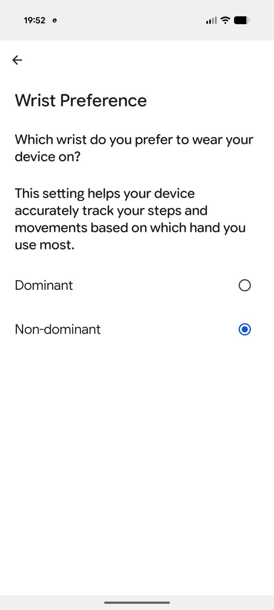 Wrist preference setting on Google Health app for Fitbit Air