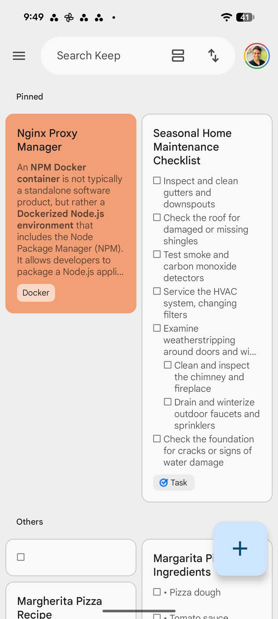 A screenshot showing Google Keep home