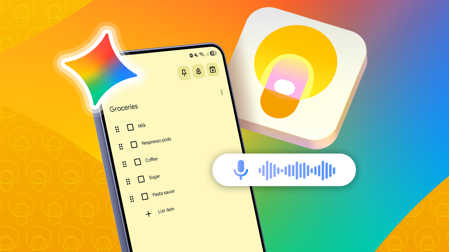 Google Keep grocery checklist with Gemini voice input and app icons.