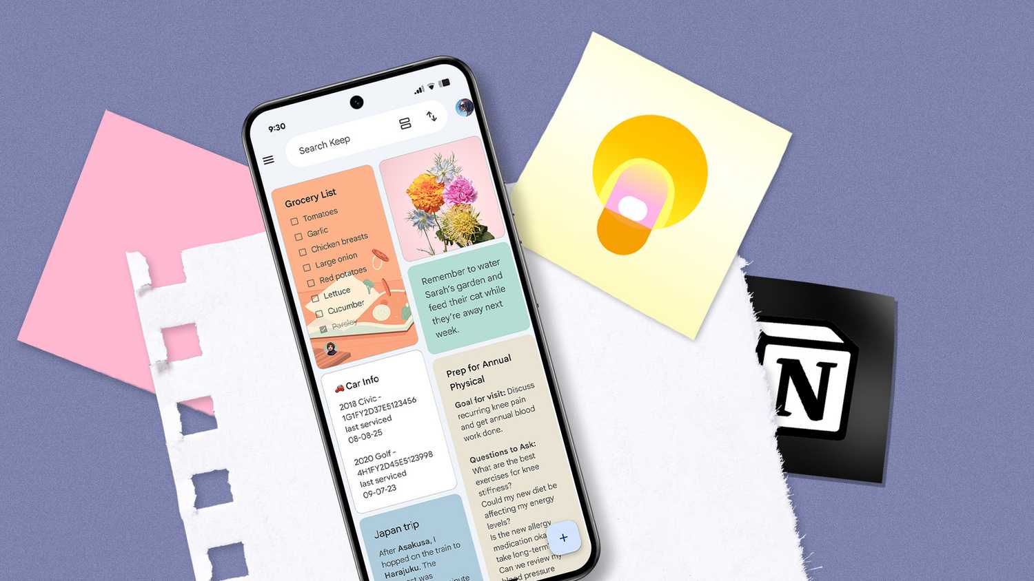 Google Keep notes on a phone beside Google Keep and Notion icons.