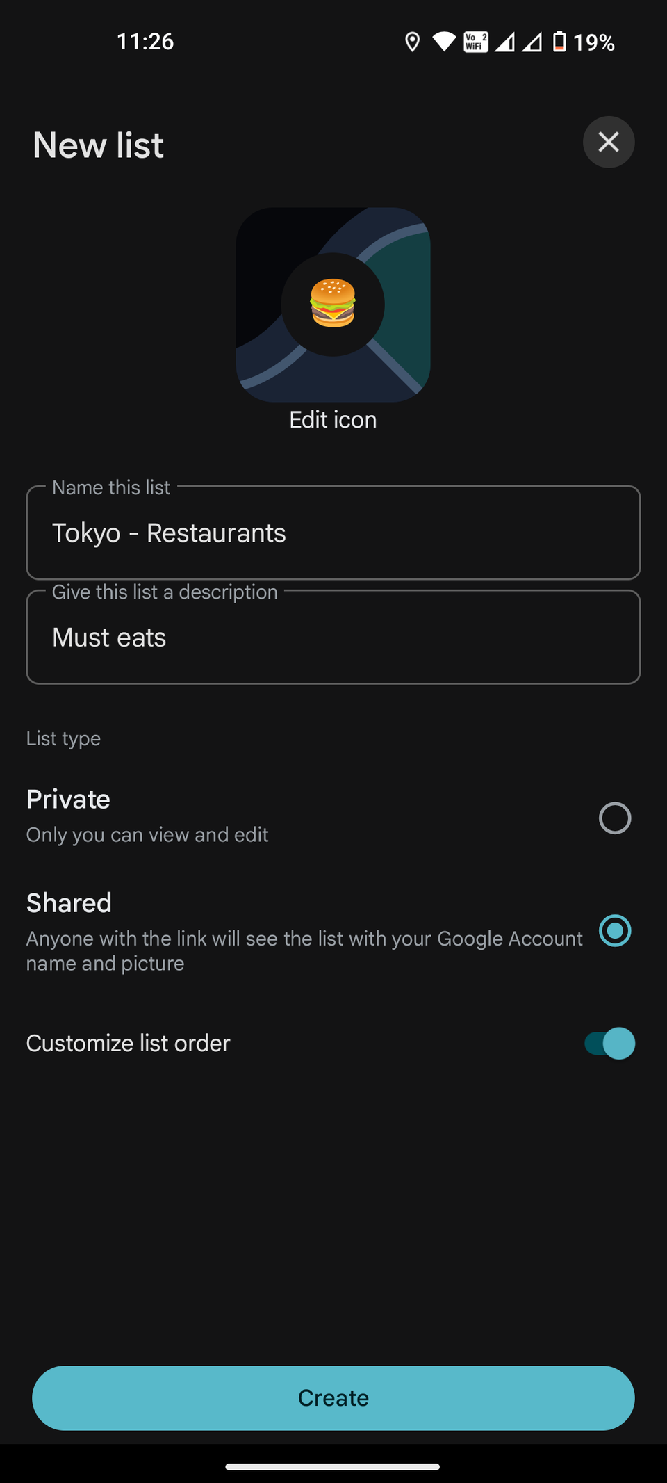 Create new list on Google Maps app