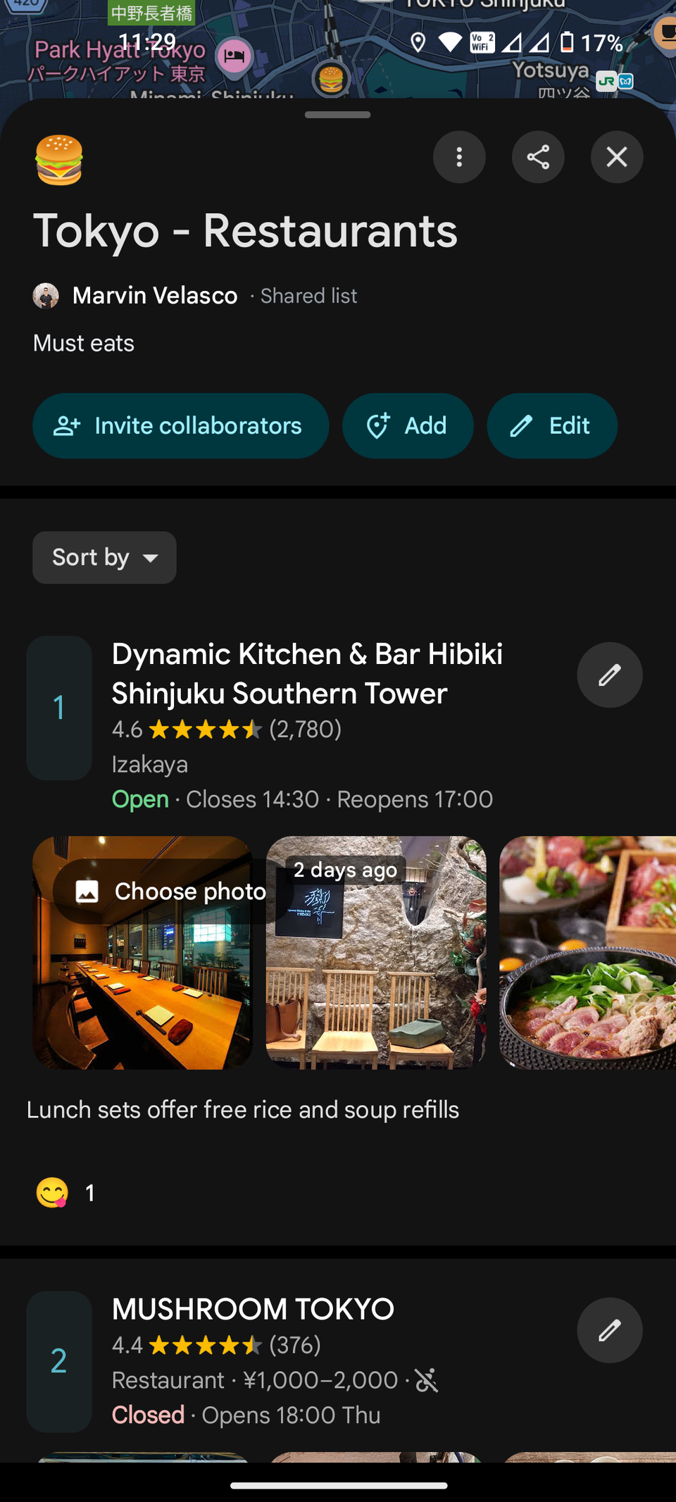 List of restaurants on Google Maps app