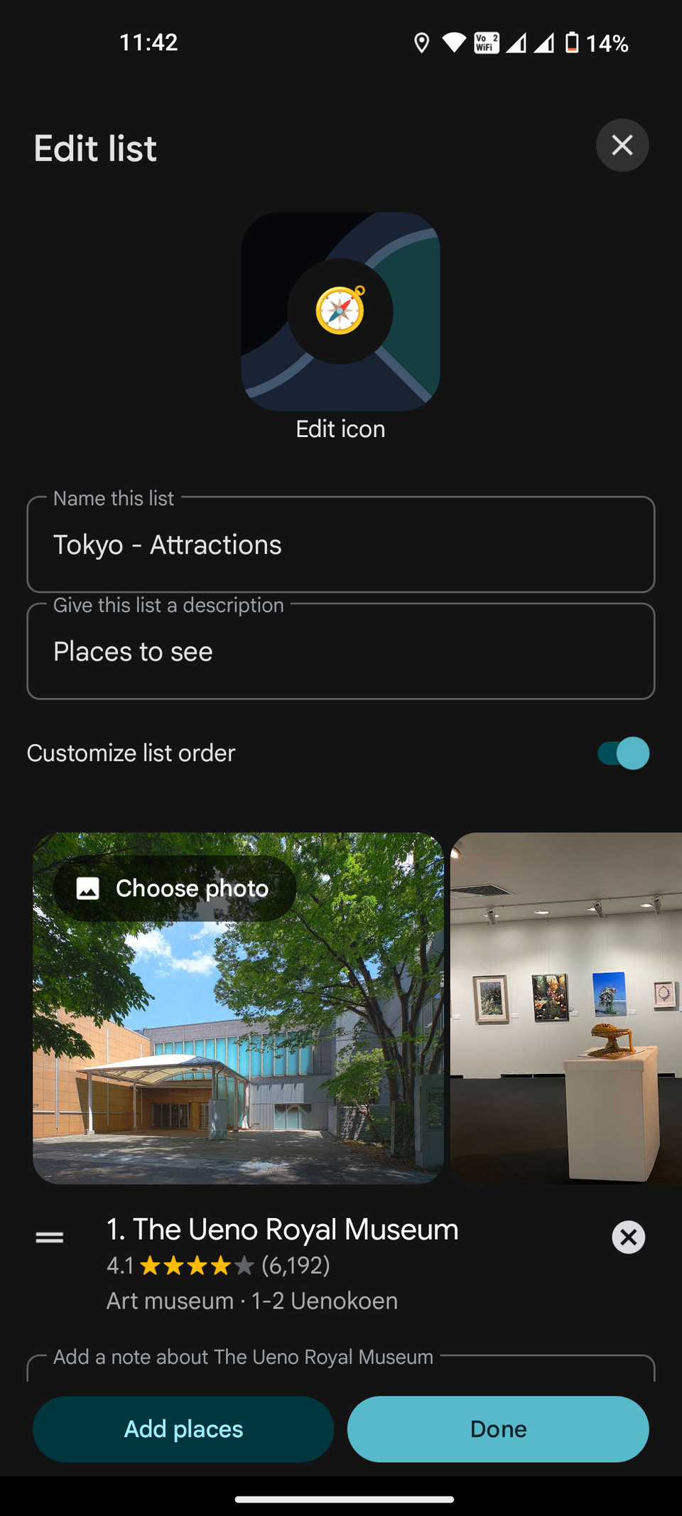 Editing a list on Google Maps app