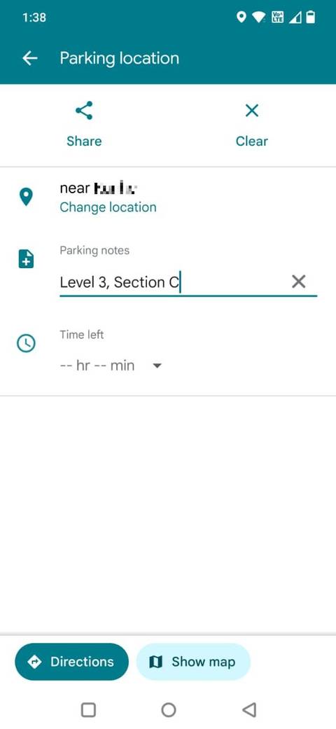Screenshot che mostra i dettagli del parcheggio in Google Maps