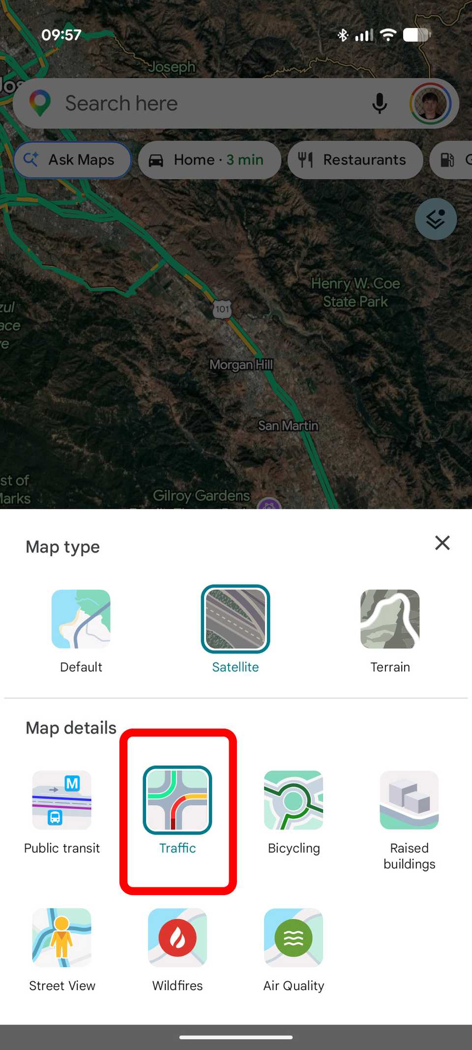 Selecting Google Maps traffic layer on a mobile app