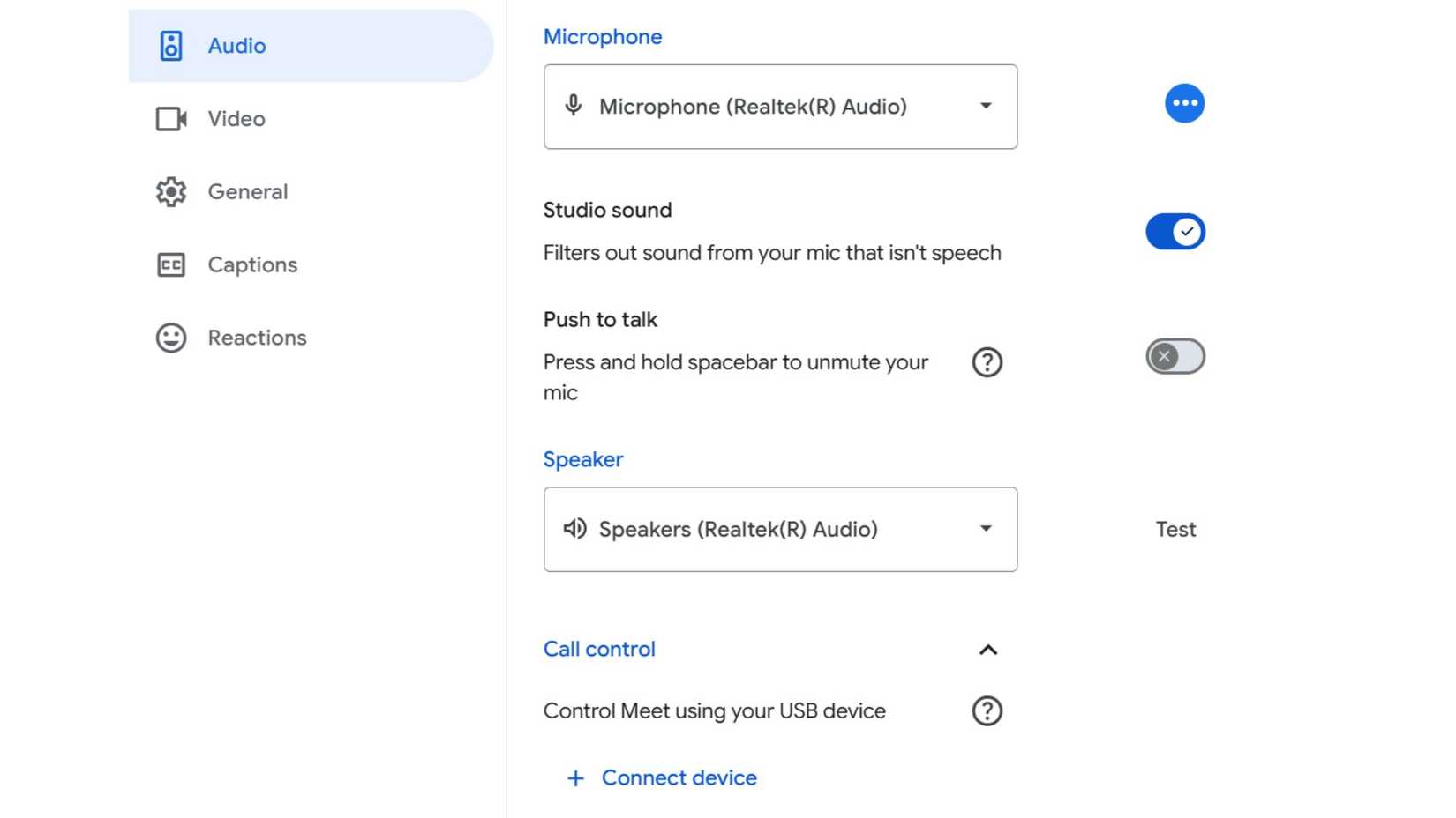 Google Meet's audio settings