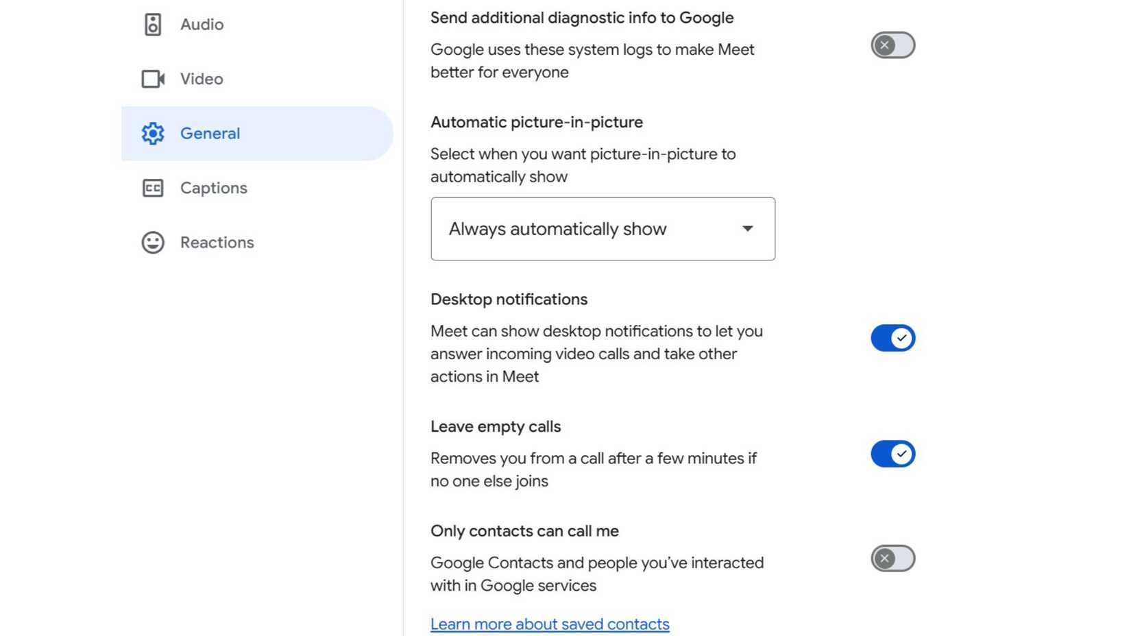Google Meet's general settings contain toggles for desktop notifications, picture-in-picture mode, and more.