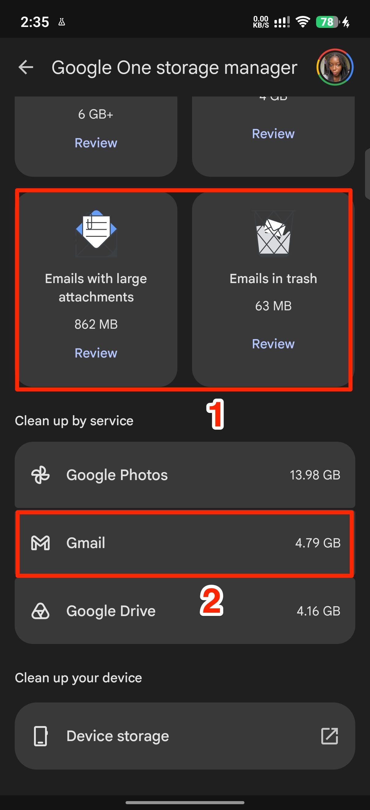 Red boxes highlighting large Gmail file folders in Google One storage manager 