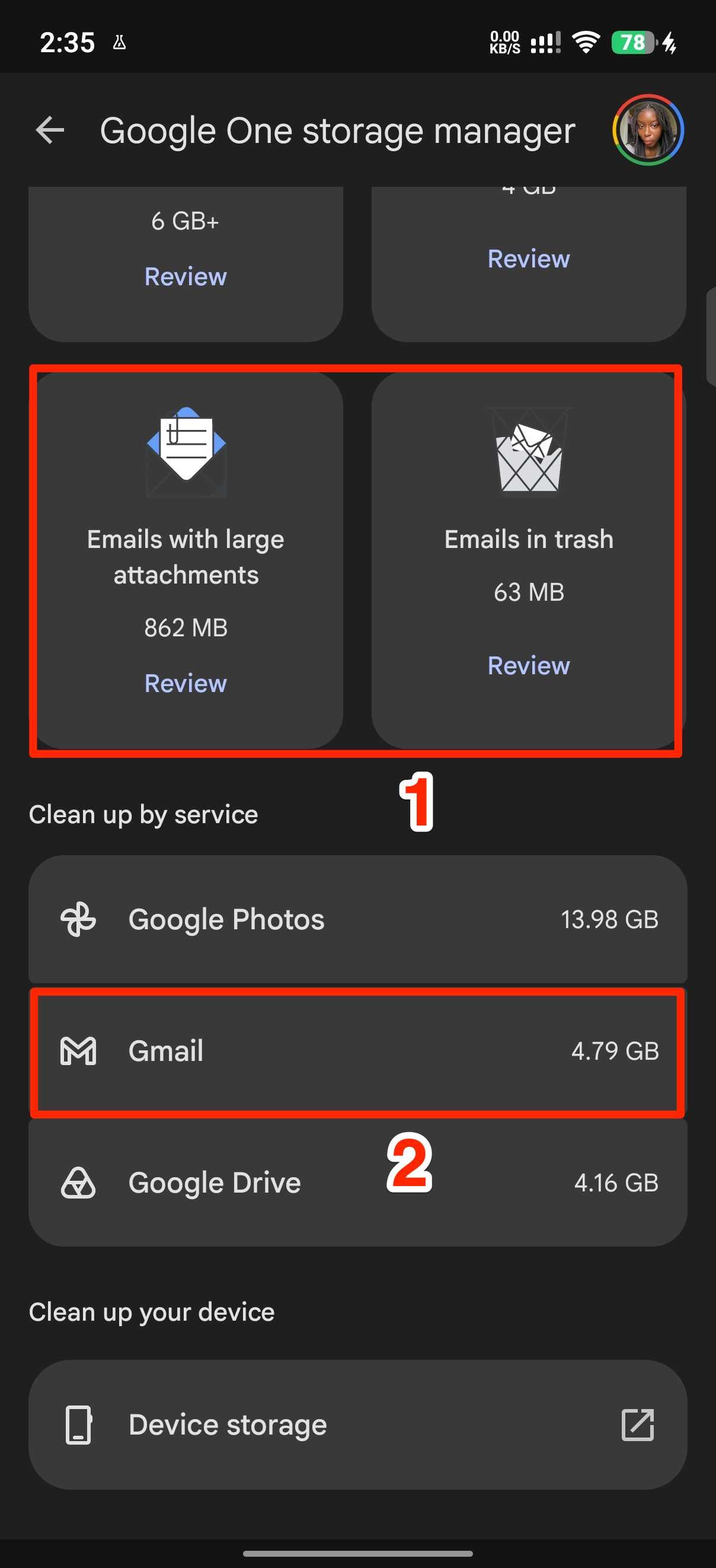 Red boxes highlighting large Gmail file folders in Google One storage manager