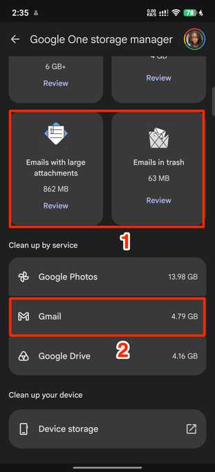 Red boxes highlighting large Gmail file folders in Google One storage manager