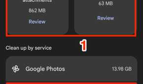 Red boxes highlighting large Gmail file folders in Google One storage manager