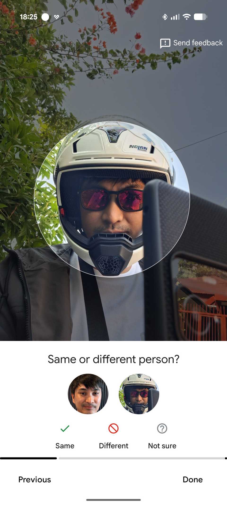A screenshot of Google Photos showing the Face Groups feature with a person wearing a motorcycle full face helmet