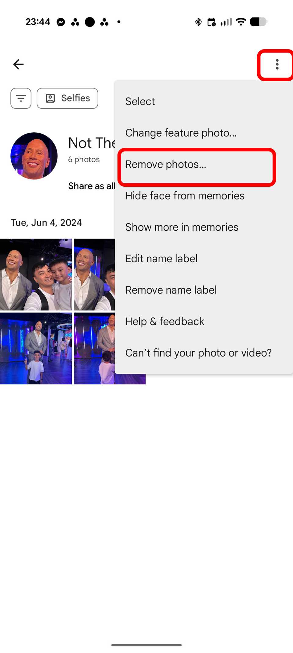 A screenshot of Google Photos showing the settings of Face Groups and remove photos button
