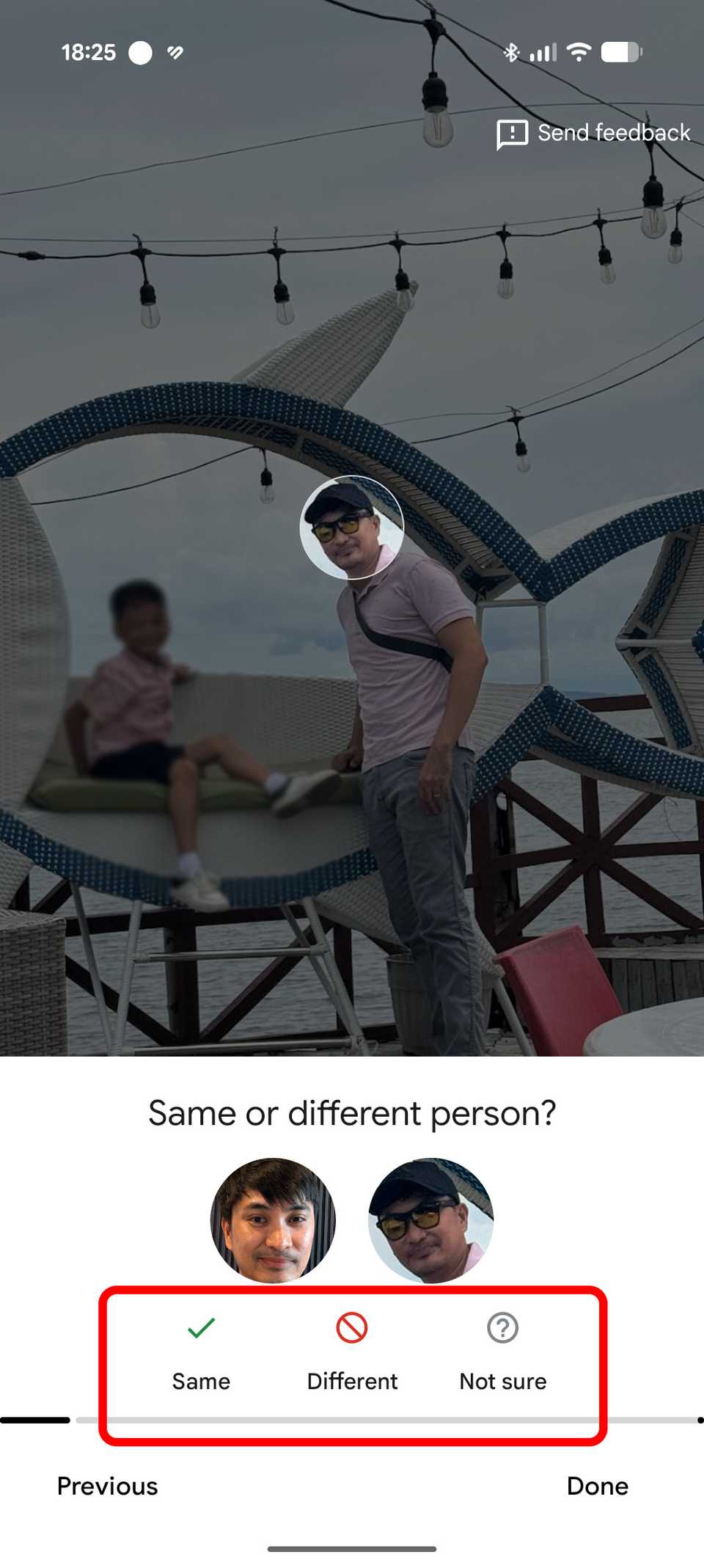 A screenshot of Google Photos showing the face groups feature with a person standing