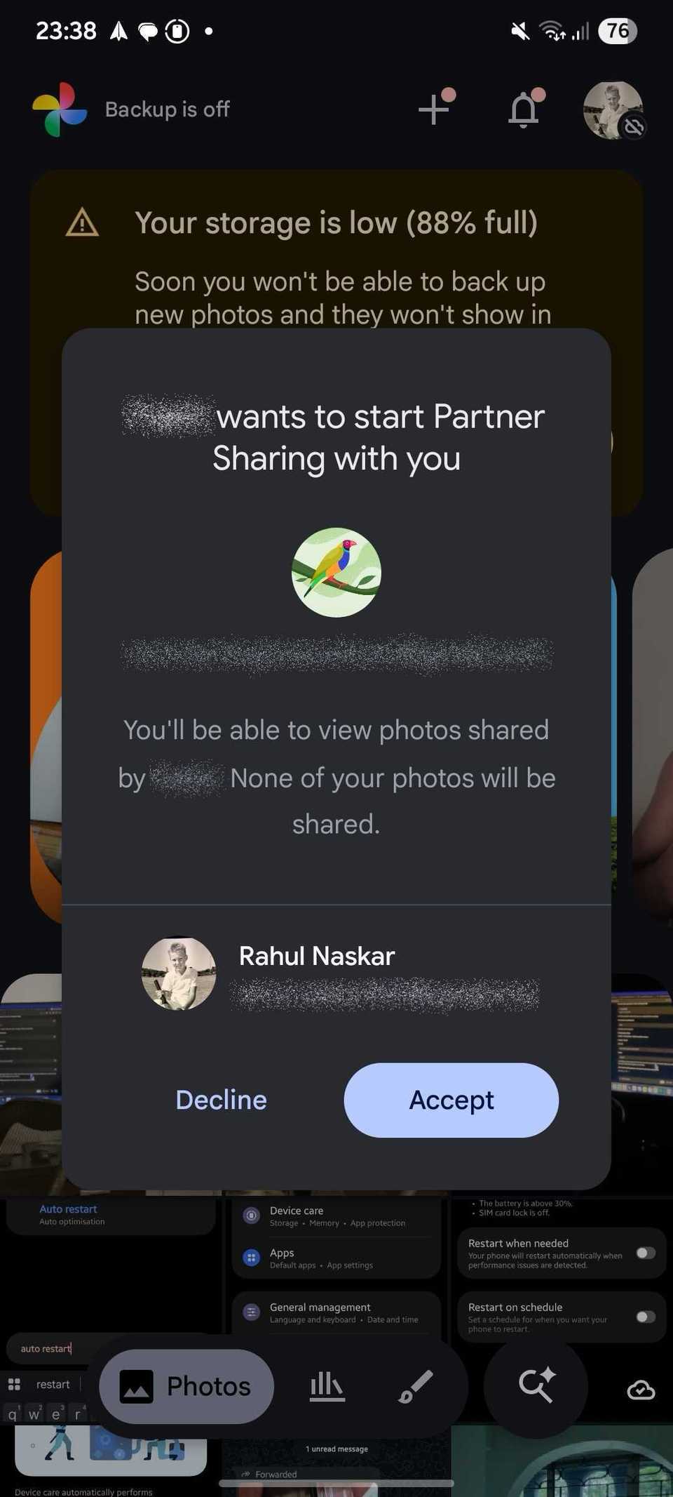 Как функция Partner Sharing в Google Photos помогает экономить место в облаке интерфейс настроек обмена фотографиями в Google