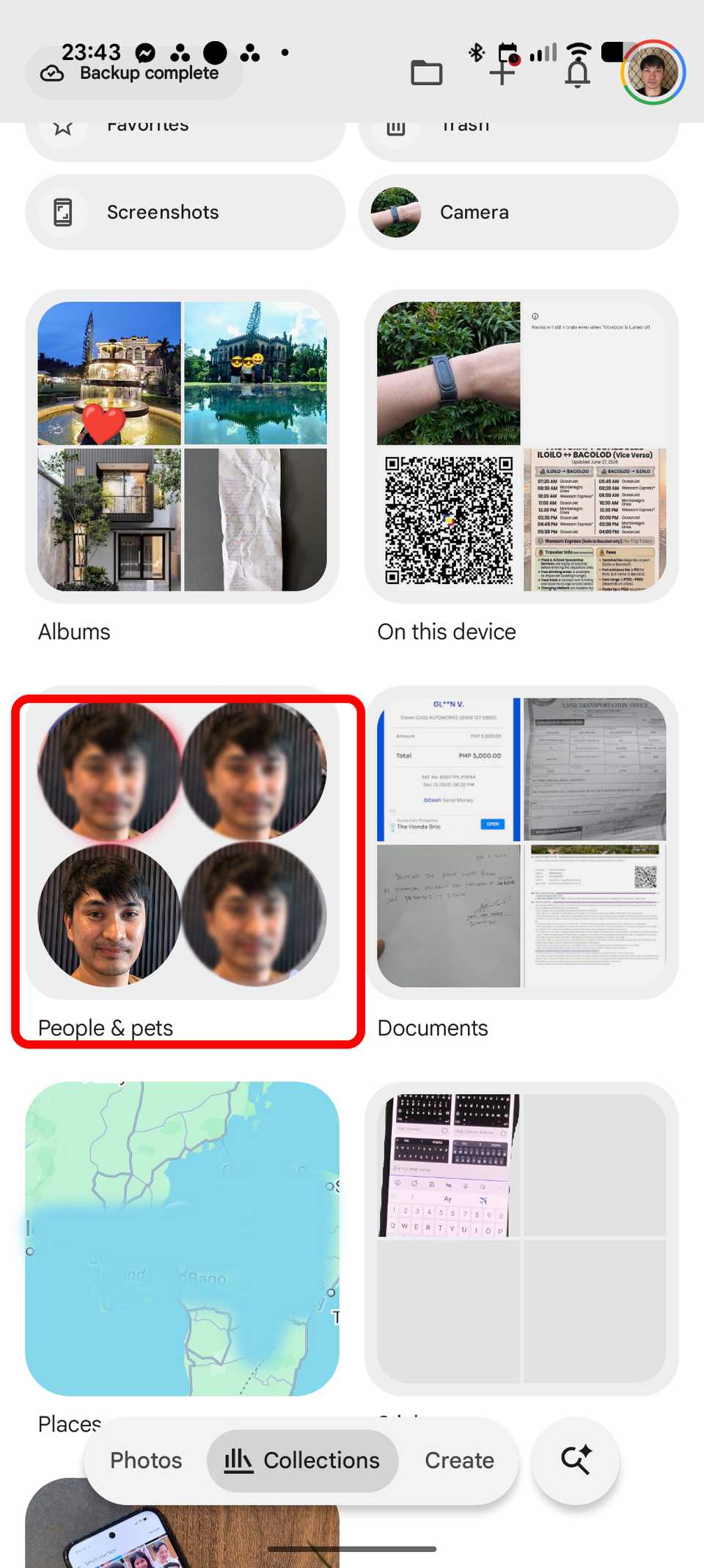 A screenshot of Google Photos with Peoples and pets collection highlighted