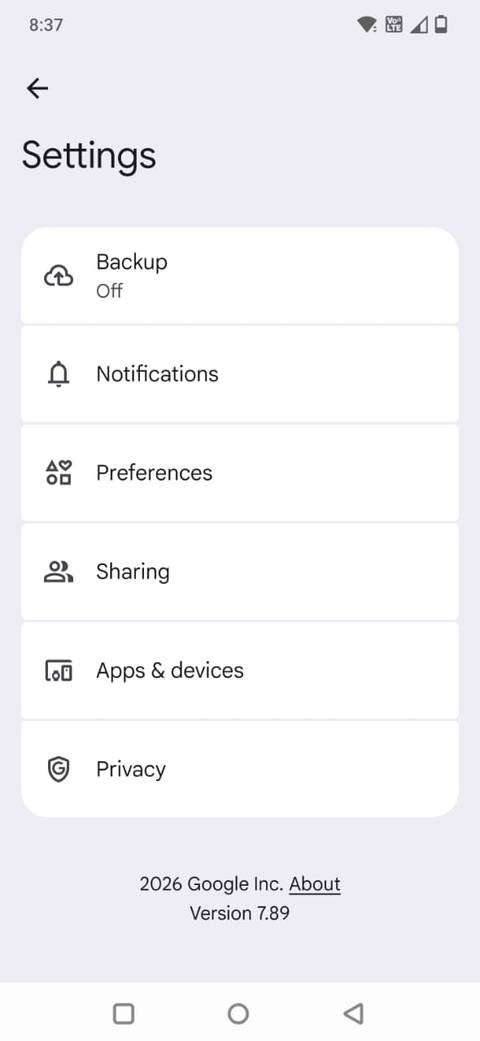 Screenshot che mostra l’opzione “Backup” in Google Foto