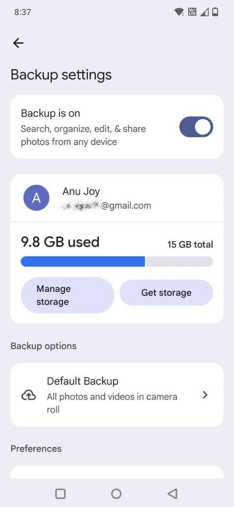 Screenshot che mostra le impostazioni di backup in Google Foto