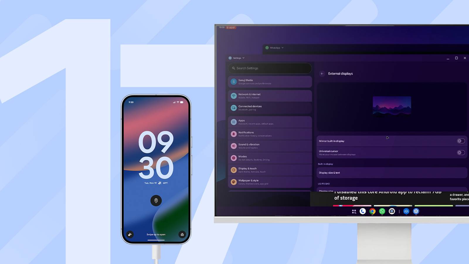 Google Pixel phone connected to a monitor running Android 17 desktop mode.