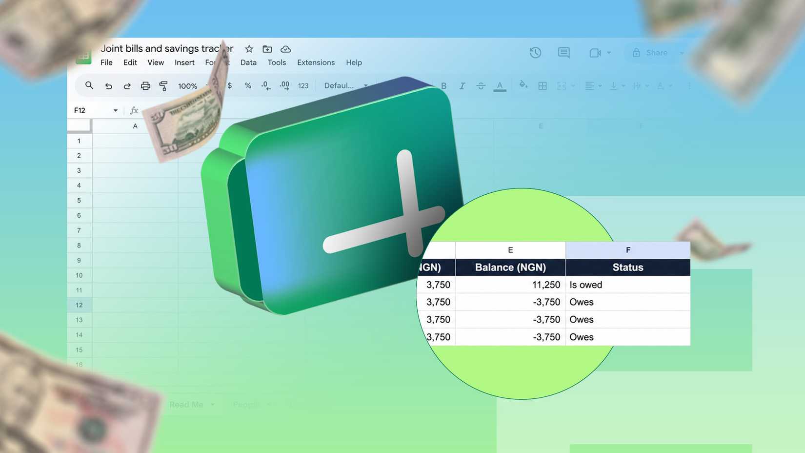 Google Sheets bill tracker with payment balances, surrounded by floating cash.