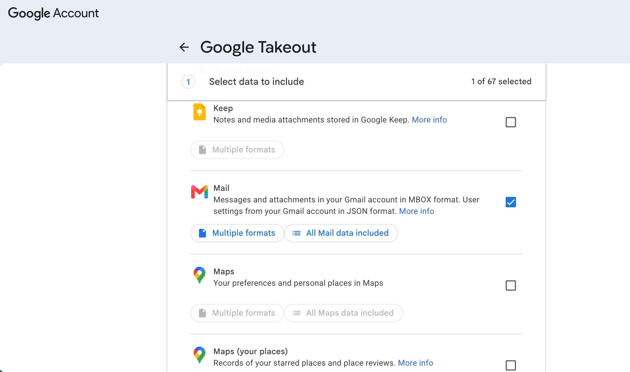 Google Takeout webpage showing only Mail data export selected