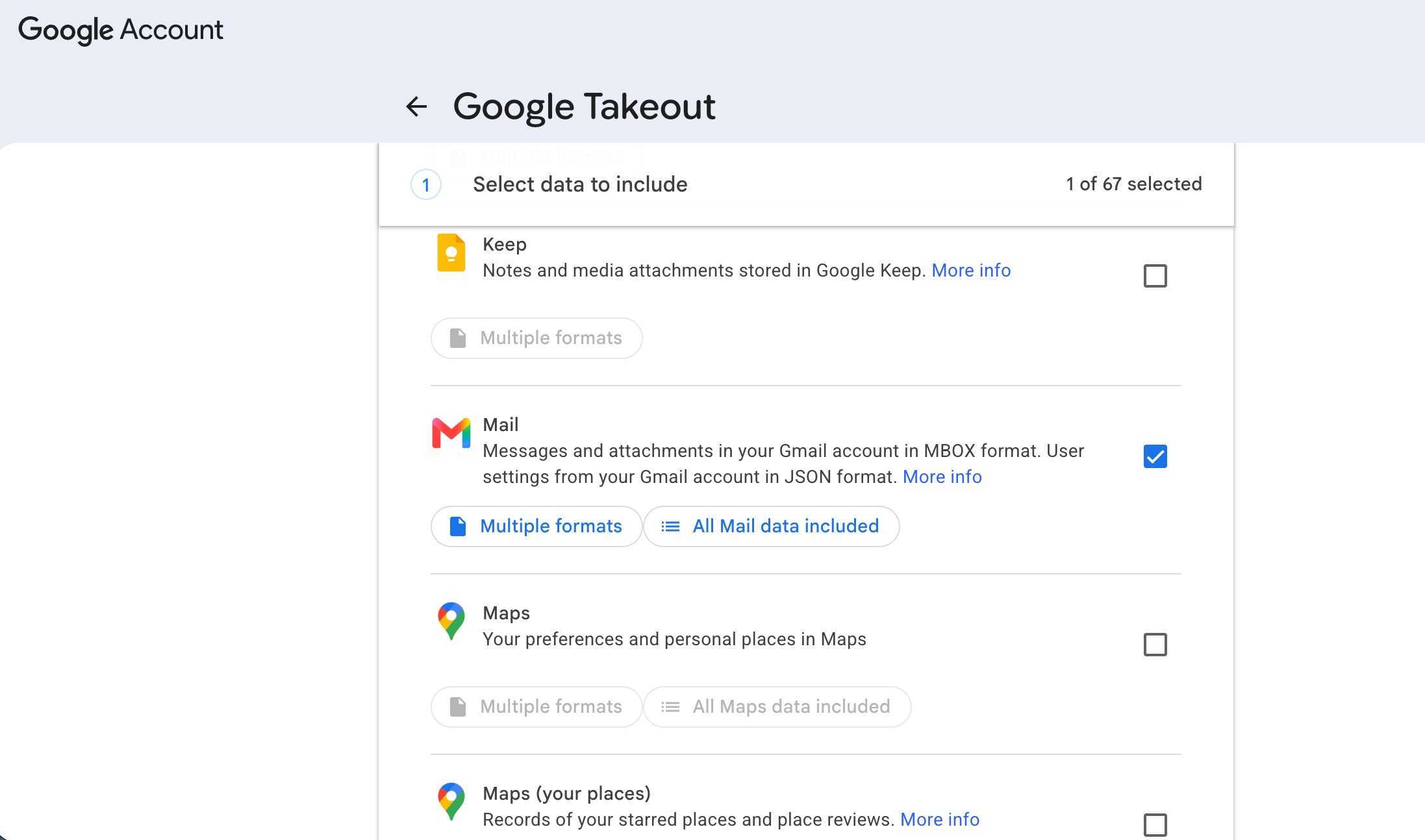 Google Takeout webpage showing only Mail data export selected