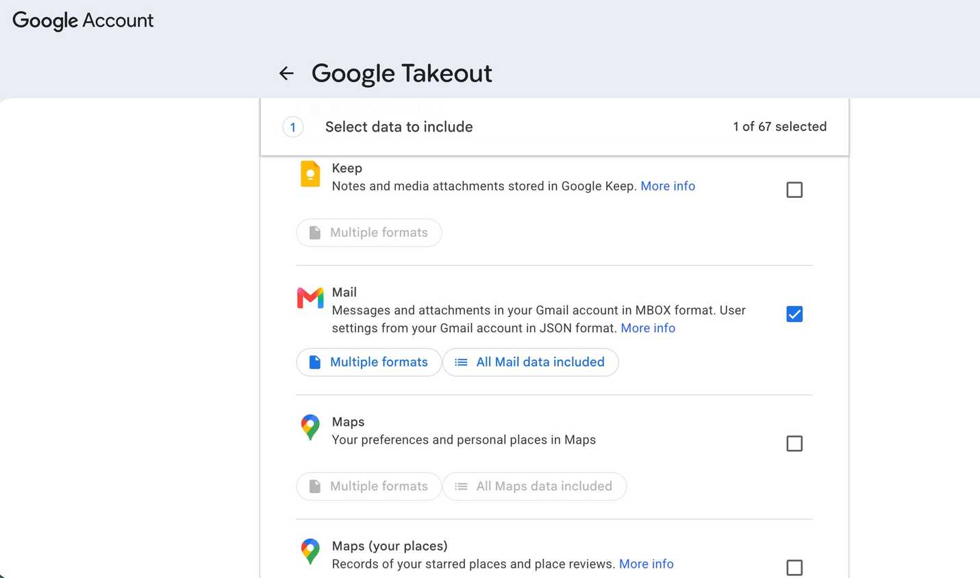 Google Takeout webpage showing only Mail data export selected