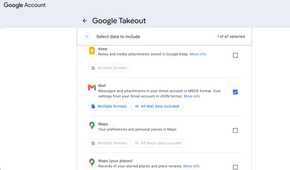 Google Takeout webpage showing only Mail data export selected