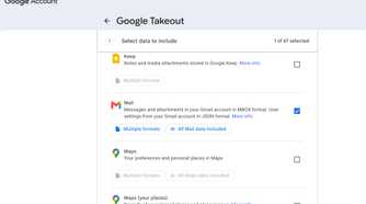 Google Takeout webpage showing only Mail data export selected