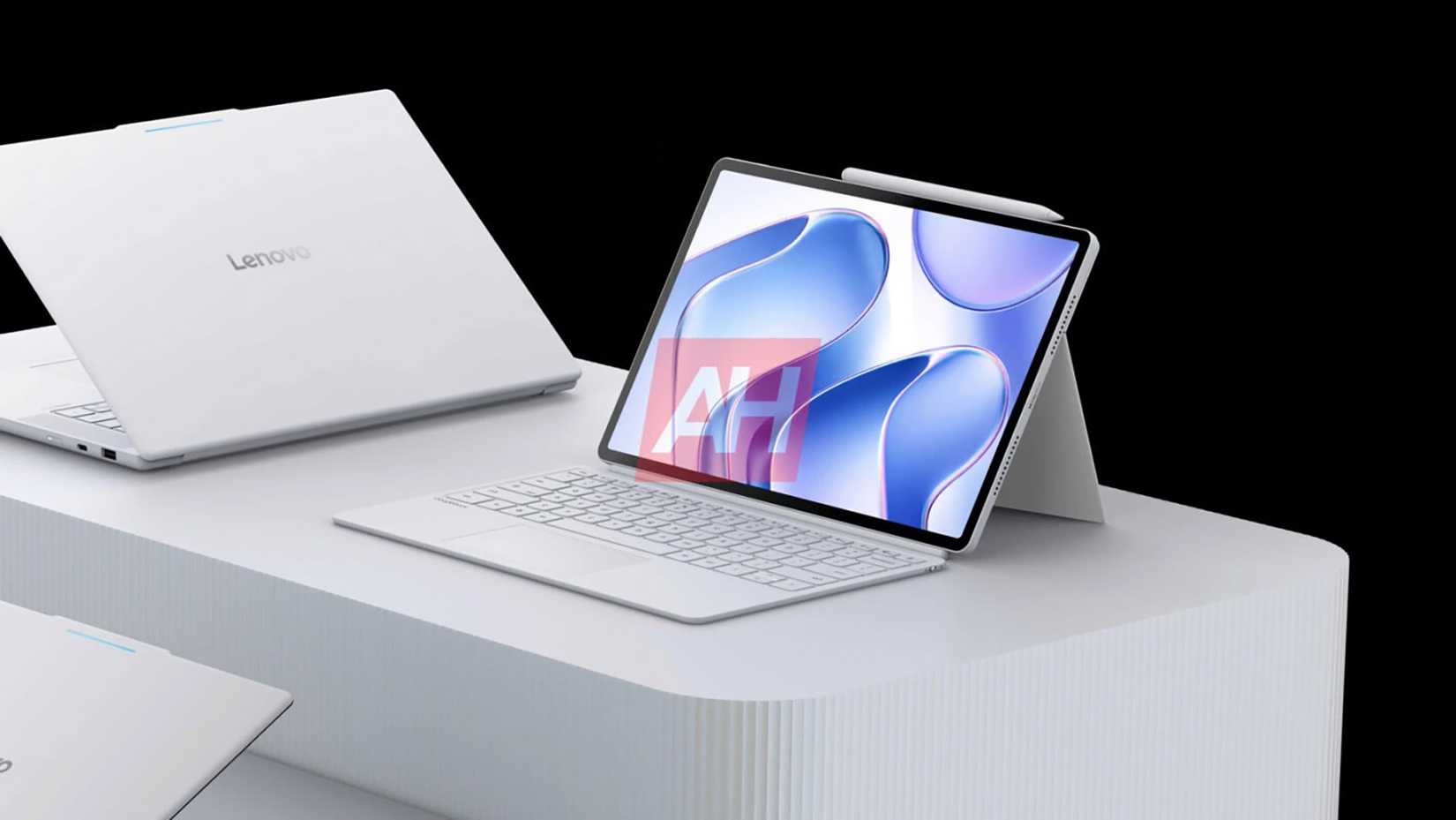 The Googlebook 2-in-1 open on a pedestal