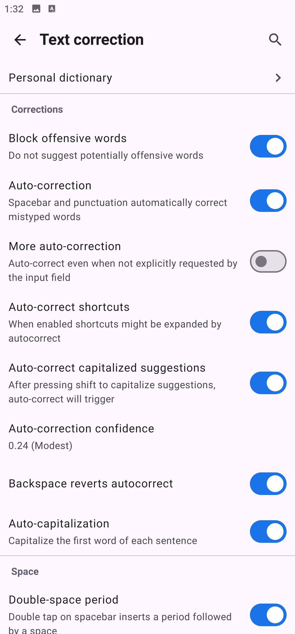 Screenshot HeliBoard text correction settings