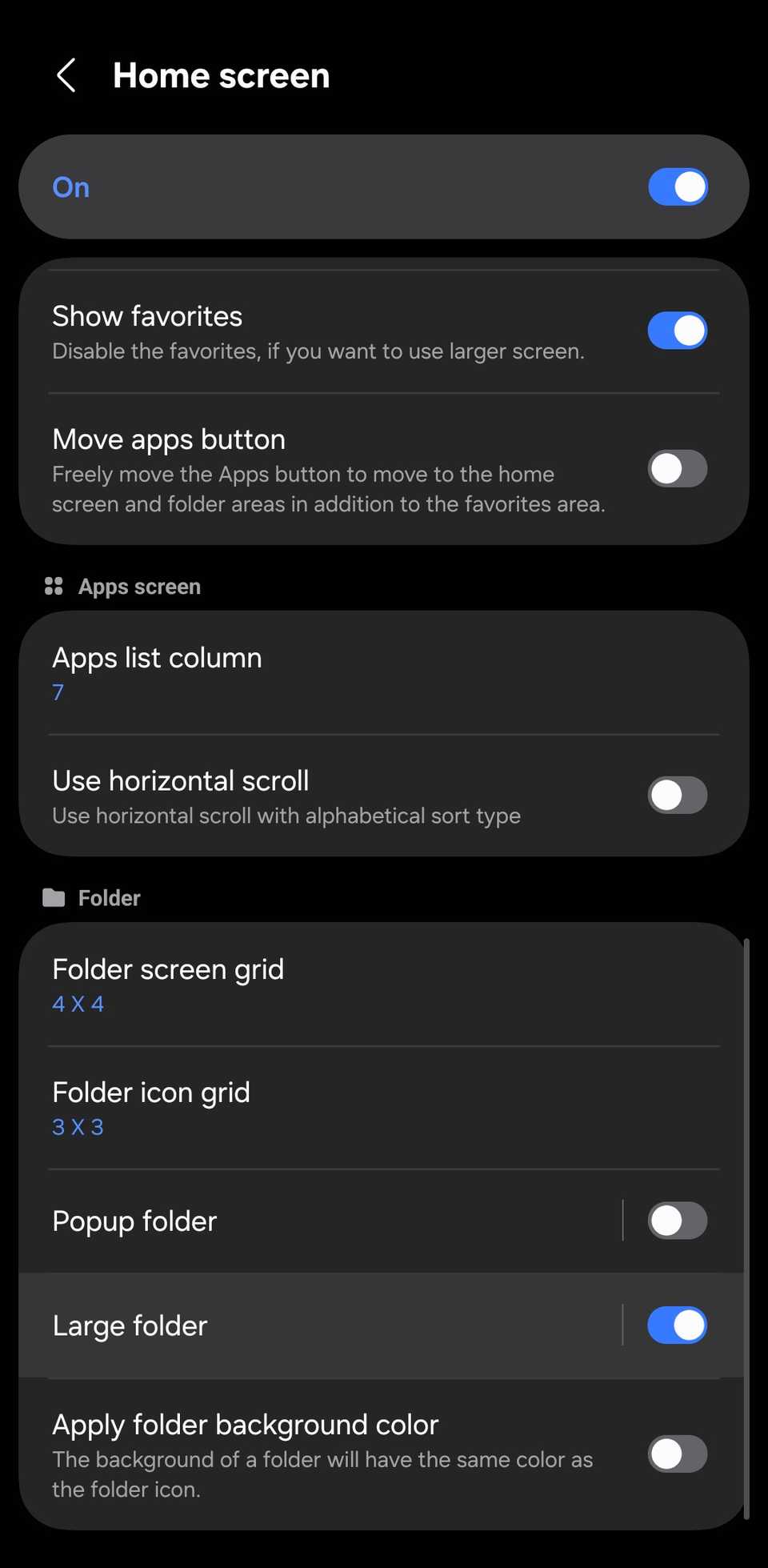 Home Up "Home screen" settings page showing folder options, including Large folder.