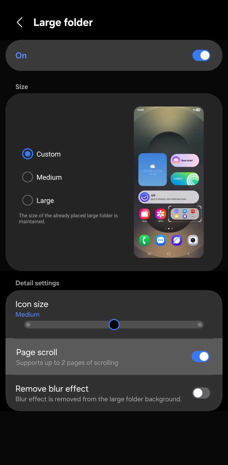 Home Up "Large folder" settings page with the master toggle on and Page scroll highlighted.