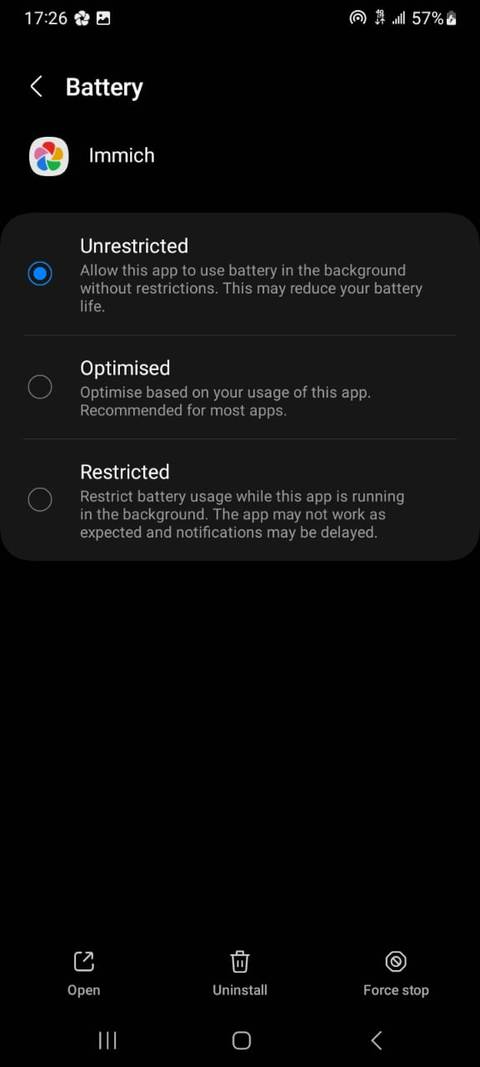 Immich app battery usage set to unrestricted