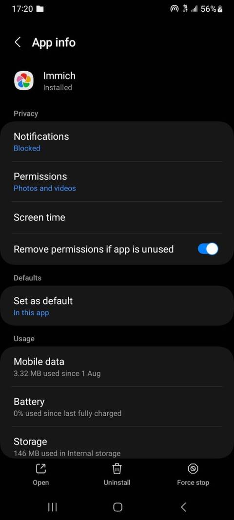 Immich app info with noitifications blocked
