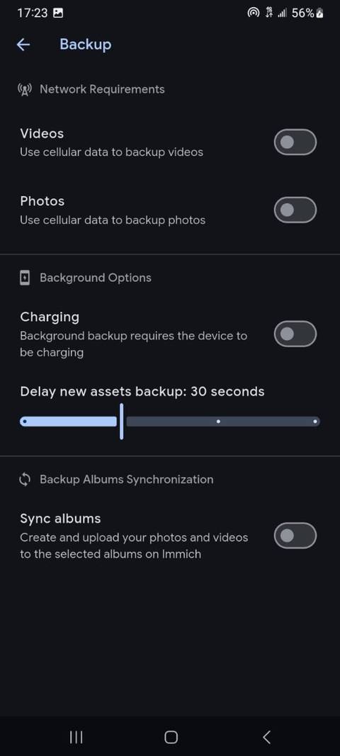 Immich mobile app backup settings